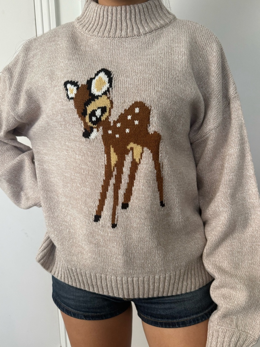 disney Bambi Beige Deer Motif Mock Neck Sweater
